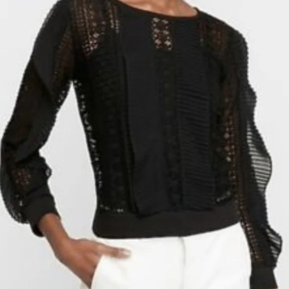 Women's Express Black Crochet Pleated Ruffle Blouse Long Sleeve Size Small EUC! - Picture 1 of 7